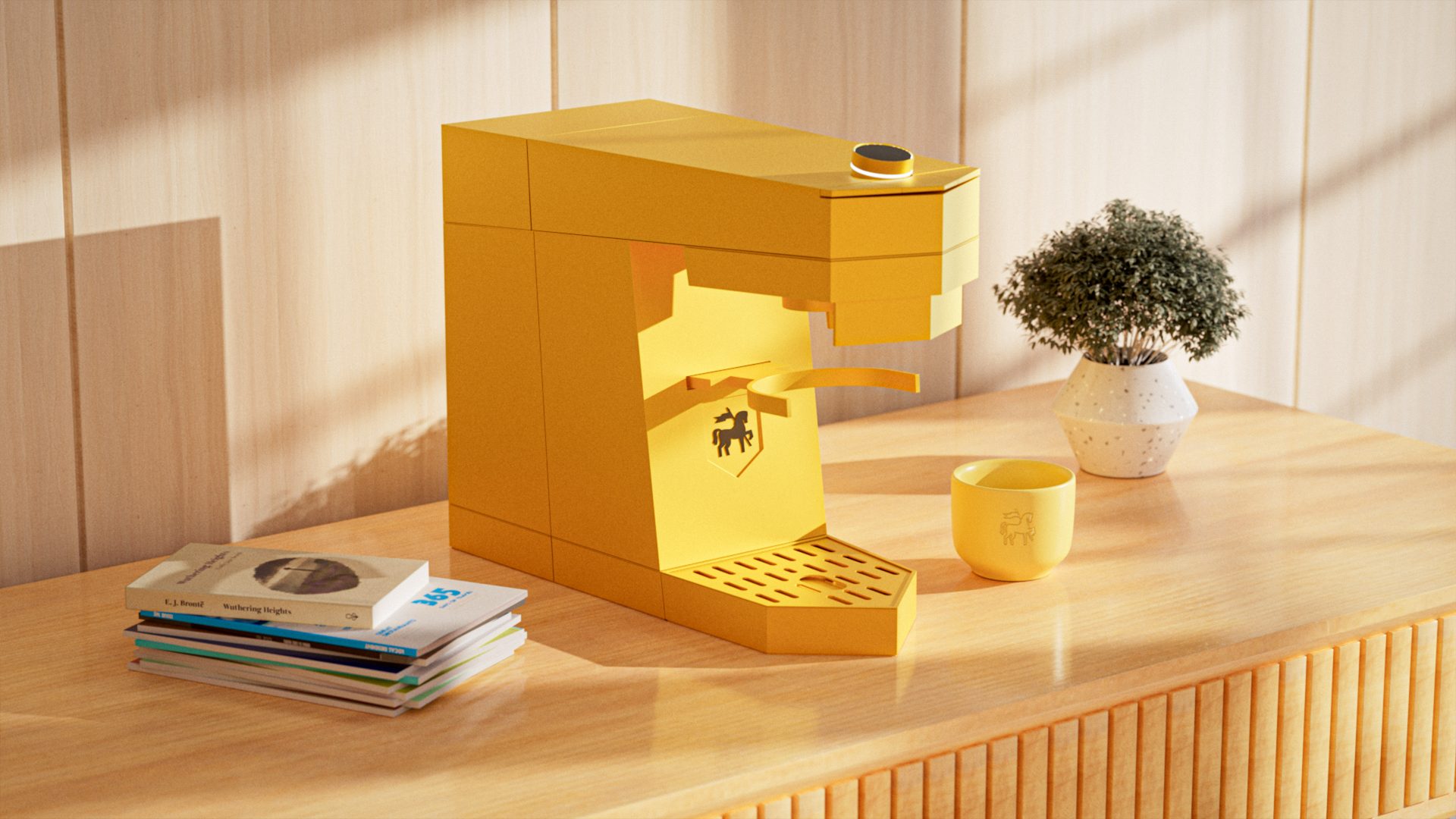 SAHM yellow on a quiet wooden console